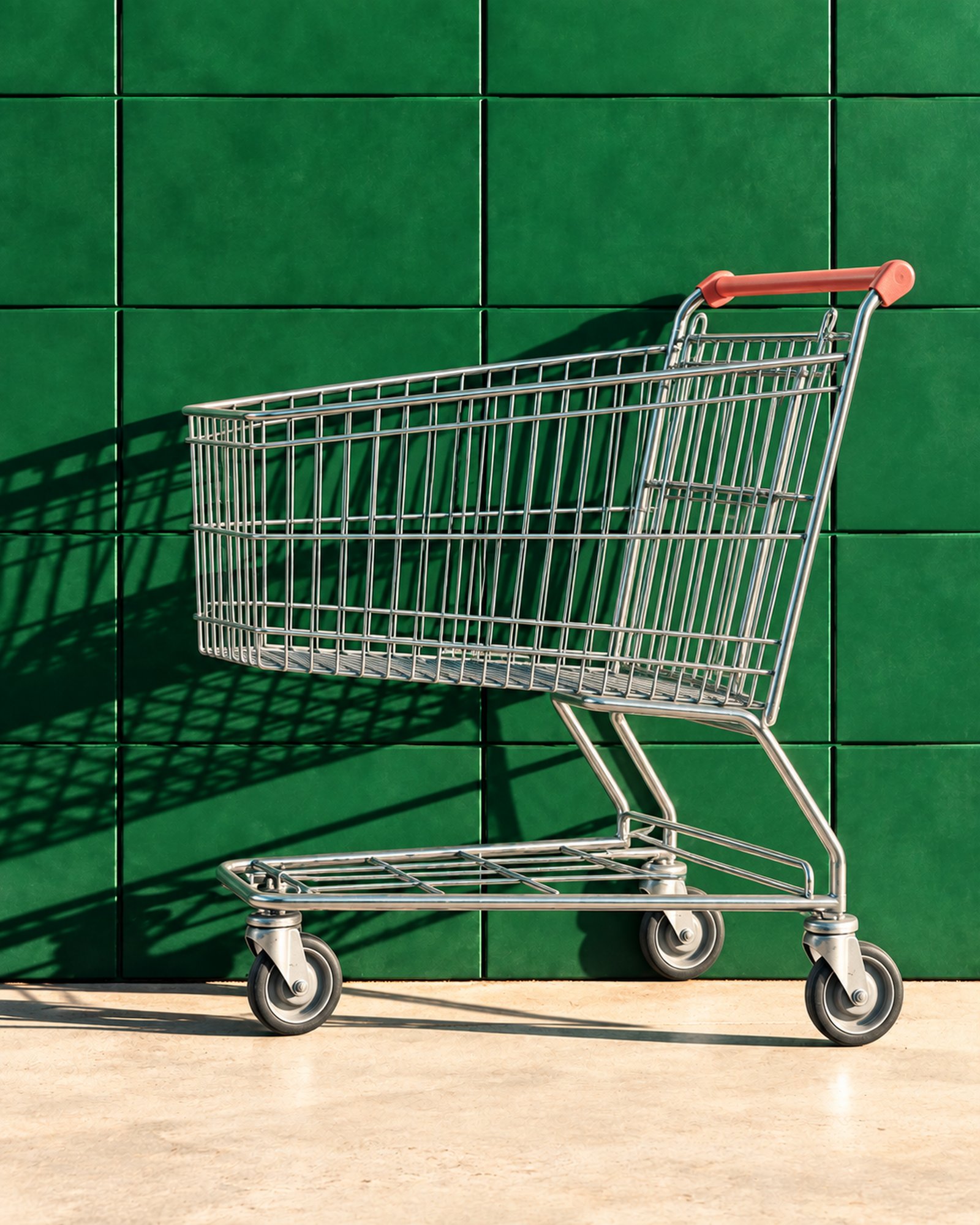 Un caddie de supermarché vide devant un mur de carrelage vert